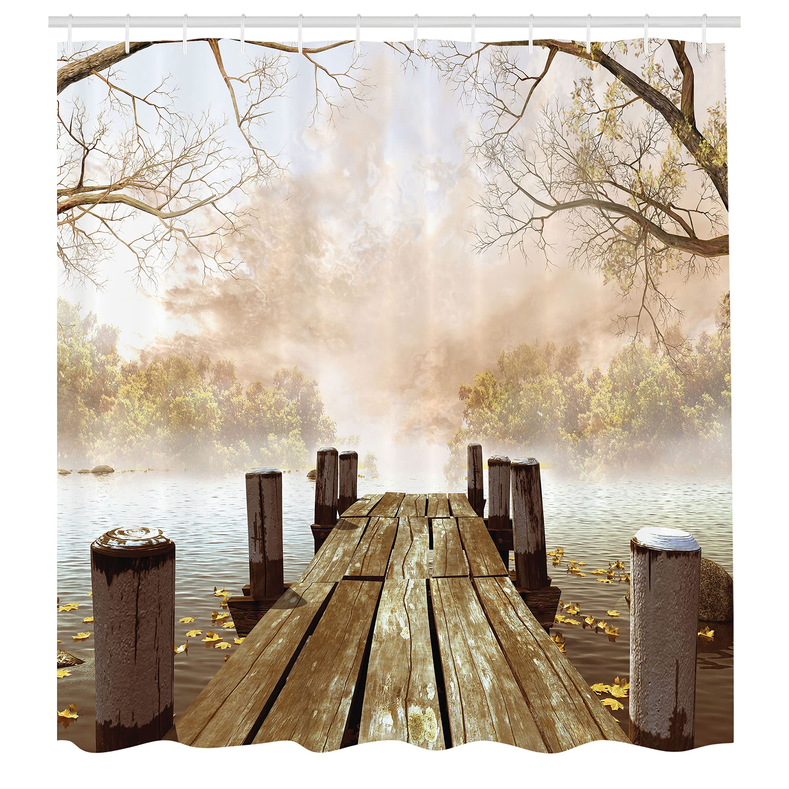 Ambesonne Autumn Shower Curtain, Old Wooden Jetty On A Lake Fallen Leaves And Foggy Forest In Distance, Cloth Fabric Bathroom De